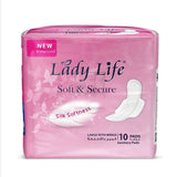 LADY LIFE PADS SOFT & SECURE LARGE WINGS 10'S