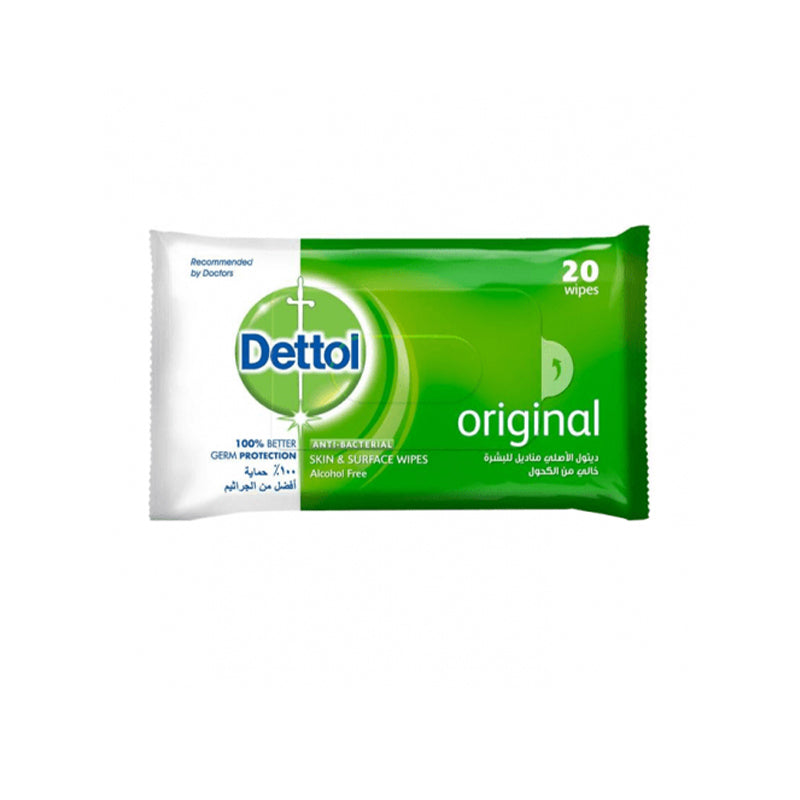 Dettol Original Antibacterial Skin Wipes for Use on Hands, Face, Neck etc. with Re-sealable Lid, 20 Wipes